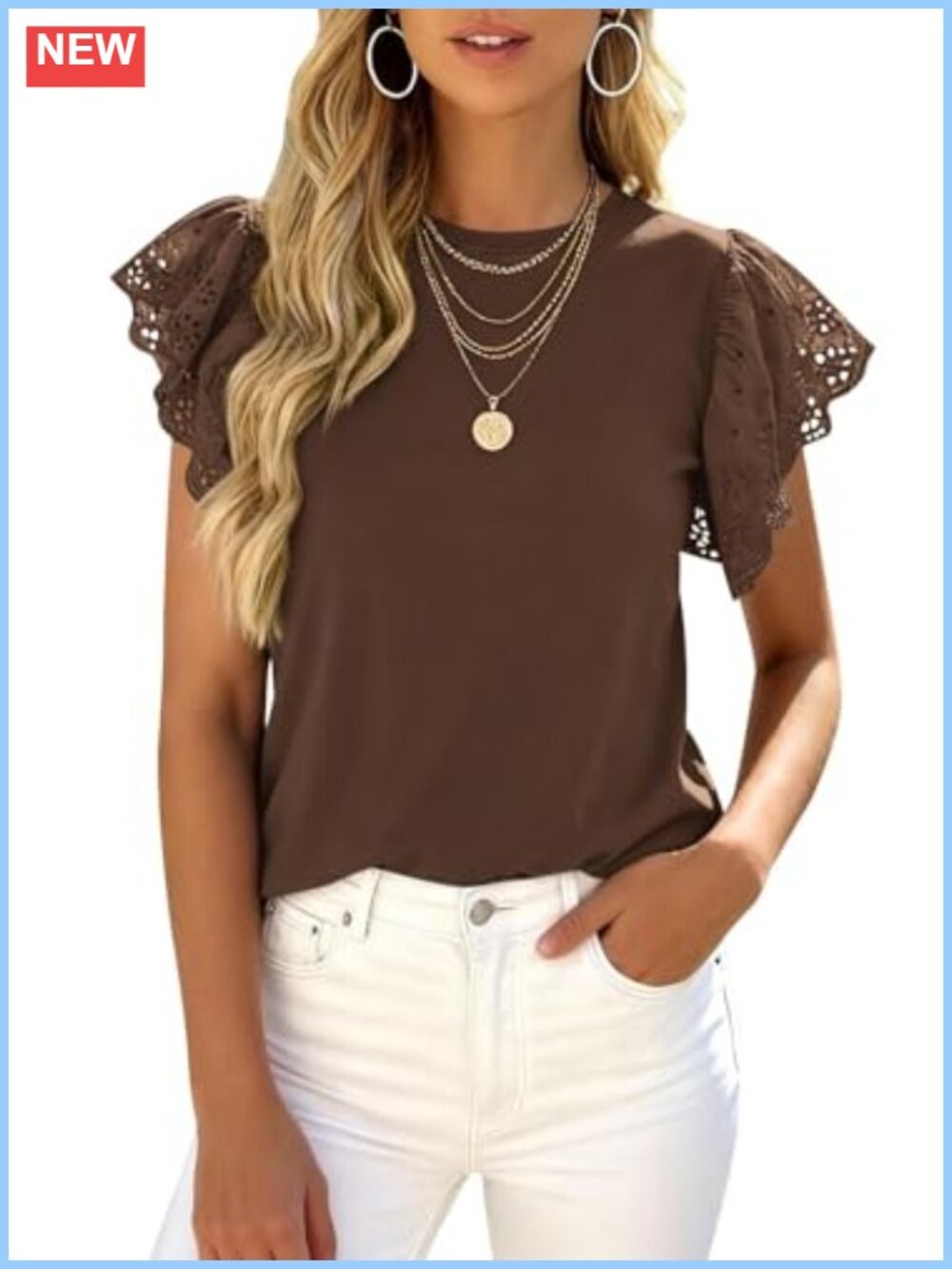 Womens Crewneck Ruffle Short Sleeve Ribbed Knit Top Casual Work Blouse
